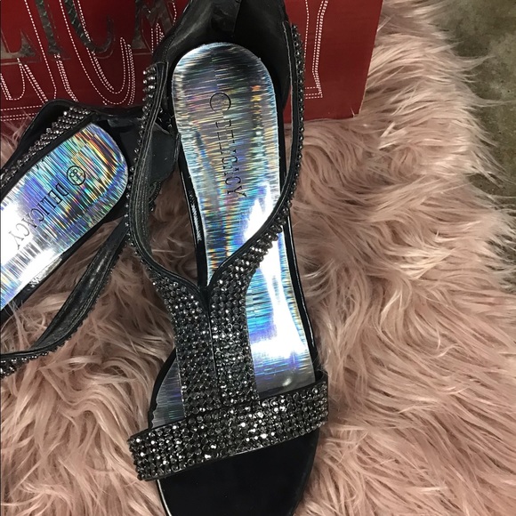 Black Rhinestone Heels T Strap Stiletto Heel - Picture 2 of 7